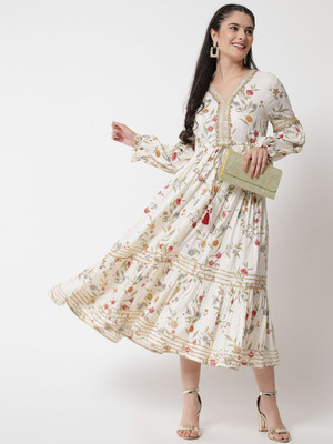 ANOUK Women Ethnic Dress White Midi/Calf Length Dress