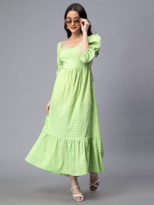 DRAPE AND DAZZLE Women Fit and Flare Yellow, Light Green Midi/Calf Length Dress