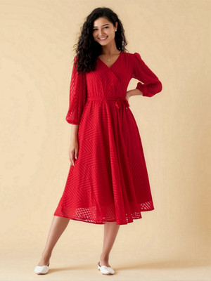 AASK Women Fit and Flare Red Midi/Calf Length Dress