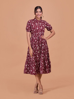 Dressberry Women Fit and Flare Maroon Below Knee Dress