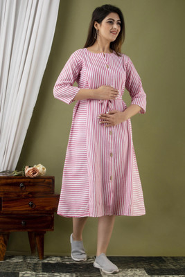 TEESHA Women A-line White, Pink Midi/Calf Length Dress