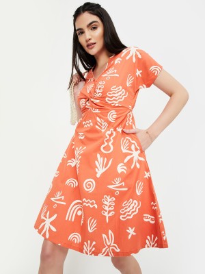 MAX Women A-line Orange, White Dress