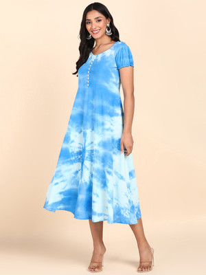 maaesa Women Fit and Flare Blue Midi/Calf Length Dress