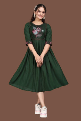 HouseOfCommon Women Fit and Flare Green Midi/Calf Length Dress