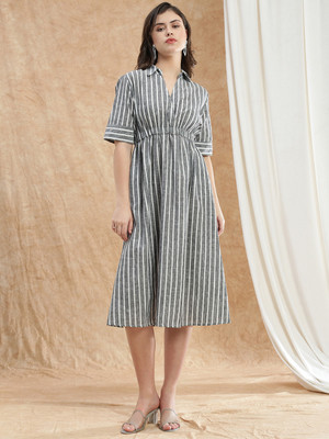 Globus Women Fit and Flare Black, White Midi/Calf Length Dress