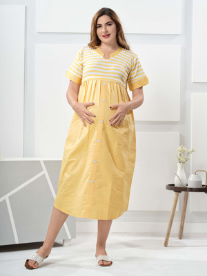 EASYMOM Women Fit and Flare Yellow Ankle Length Dress