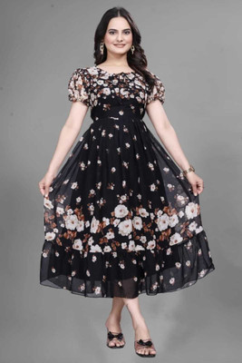 HEET TEX Women Fit and Flare Black Midi/Calf Length Dress