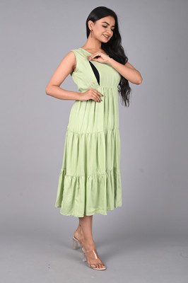 Sheffali Creation Women Gown Green Midi/Calf Length Dress