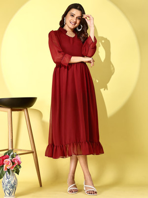 Fashion2wear Women A-line Maroon Midi/Calf Length Dress