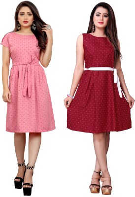 tanvi creation Women Fit and Flare Red, Pink Dress