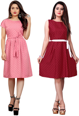 Hiral Creation Women Fit and Flare Red, Pink Knee Length Dress