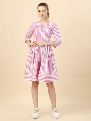 Glomee Women Fit and Flare Pink, White Knee Length Dress