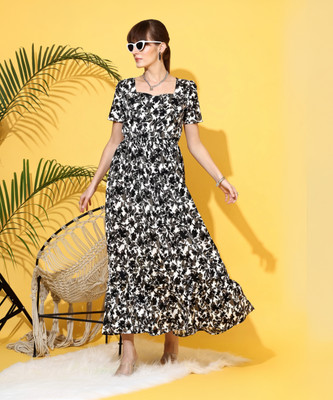 Honky Tonky Women Fit and Flare White, Grey Maxi/Full Length Dress