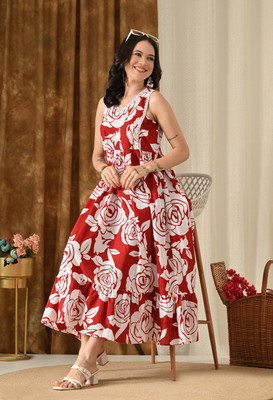 Sijopa Women Gathered Red Midi/Calf Length Dress