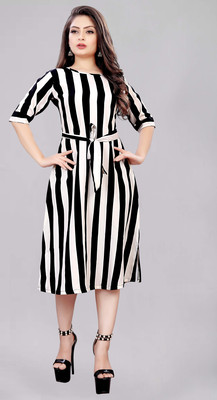 tanvi creation Women A-line White, Black Below Knee Dress