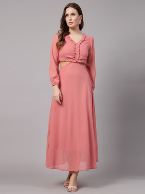AAYU Women Fit and Flare Pink Maxi/Full Length Dress