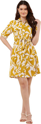 CLOTHINK India Women Shirt Yellow Above Knee/Mid Thigh Length Dress