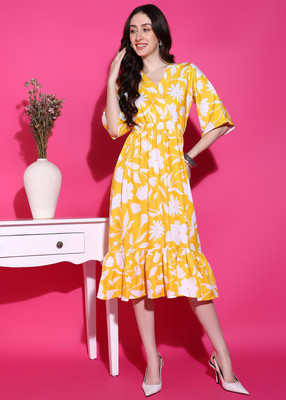 DSK STUDIO Women Fit and Flare Yellow Midi/Calf Length Dress