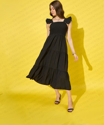 BuyNewTrend Women Ruffled Black Maxi/Full Length Dress