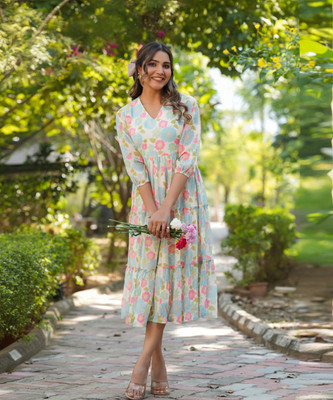 Janasya Women Tiered Beige Midi/Calf Length Dress