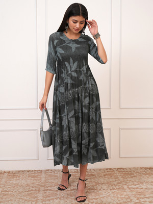 Vishudh Women Fit and Flare Grey, Black Midi/Calf Length Dress