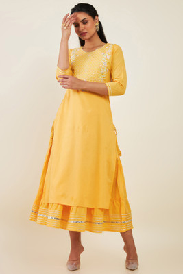 soch Women Fit and Flare Yellow Midi/Calf Length Dress