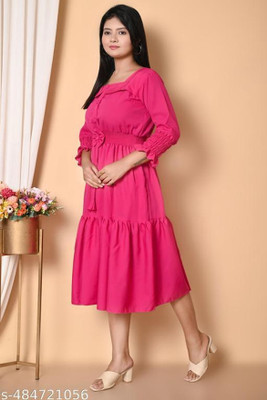 YOGITACREATIONN Women Fit and Flare Pink Midi/Calf Length Dress