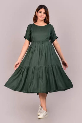 amaya creative center Women Gathered Green Midi/Calf Length Dress