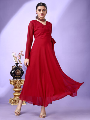 Fashion2wear Women Fit and Flare Maroon Maxi/Full Length Dress