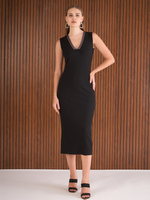 SASSAFRAS Women A-line Black Midi/Calf Length Dress