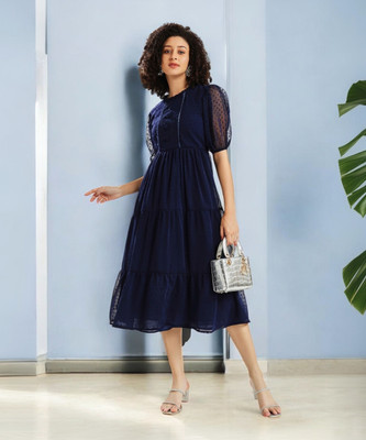 Cartyshop Women Fit and Flare Blue Midi/Calf Length Dress