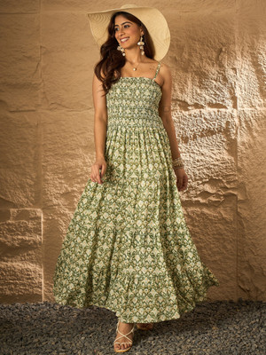InWeave Women Fit and Flare Green Midi/Calf Length Dress