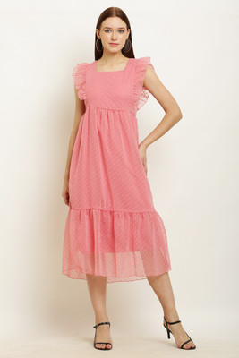 Heaven's creation Women Fit and Flare Pink Midi/Calf Length Dress
