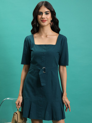 Tokyo Talkies Women Pleated Dark Blue Above Knee/Mid Thigh Length Dress