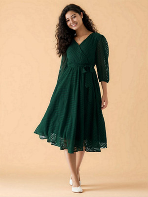 AASK Women Fit and Flare Green Midi/Calf Length Dress