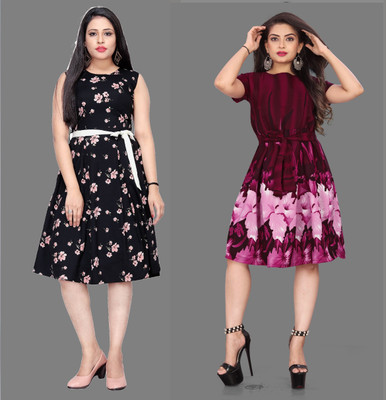 Hiral Creation Women Fit and Flare Multicolor Knee Length Dress