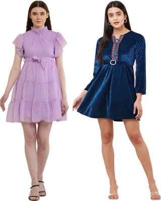 Hunoor Women Fit and Flare Light Blue, Pink Midi/Calf Length Dress