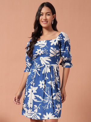 THE DRY STATE Women Fit and Flare White, Blue Midi/Calf Length Dress