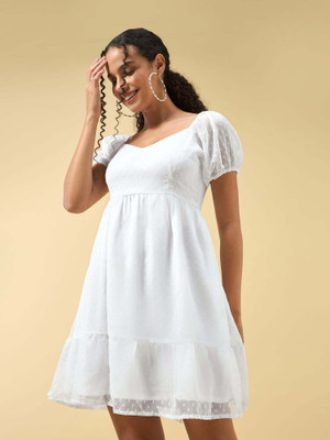 OUTZIDR Women Fit and Flare White Above Knee/Mid Thigh Length Dress