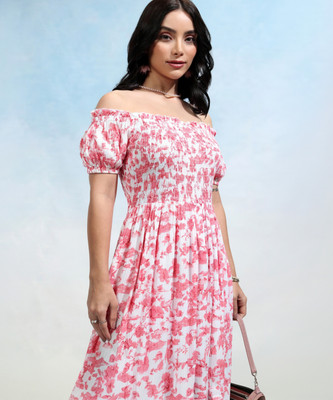 Tokyo Talkies Women Fit and Flare Pink Knee Length Dress