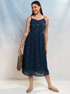 Vishudh Women A-line Blue Midi/Calf Length Dress