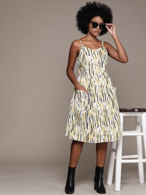 Roadster Women Fit and Flare Beige Knee Length Dress