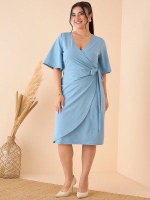 CURVE BY KASSUALLY Women Wrap Blue Dress