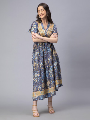 DRAPE AND DAZZLE Women Fit and Flare Dark Blue, Light Blue, Beige Midi/Calf Length Dress