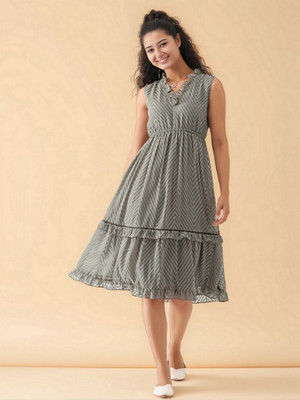 AASK Women Fit and Flare Grey Midi/Calf Length Dress