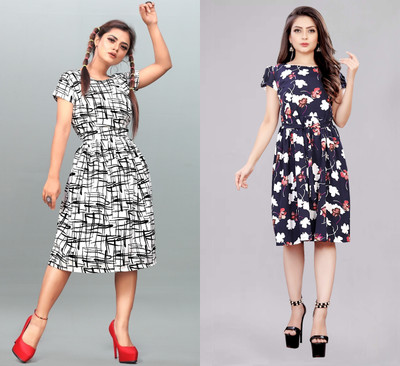 Hiral Creation Women Fit and Flare White Knee Length Dress