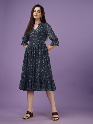 HK SHOPEE Women Fit and Flare Blue Midi/Calf Length Dress