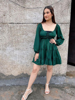 TANDUL Women Fit and Flare Dark Green Above Knee/Mid Thigh Length Dress