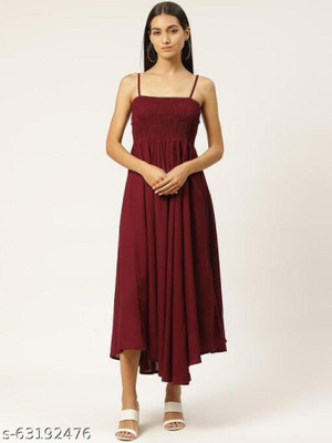 VYMO Women A-line Maroon Midi/Calf Length Dress
