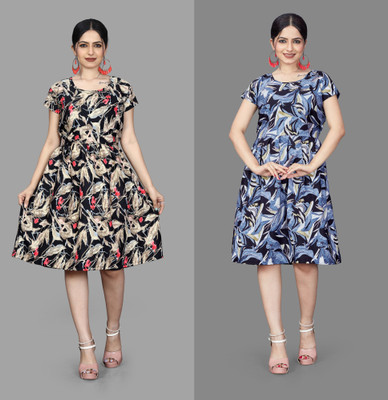 MAHADEV Women Fit and Flare Multicolor Knee Length Dress